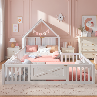 Sunvega Full Size House Floor Bed with Door and Full-Length Guardrails for Kids