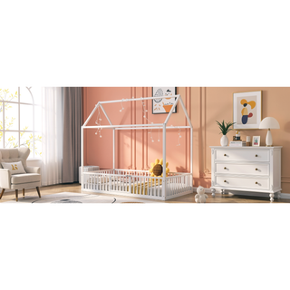 Sunvega White Twin Size Metal House Bed with Fence and Door for Kids
