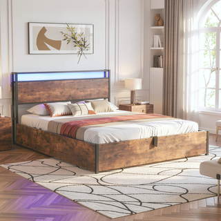 Sunvega Full Size Lift Up Storage Bed Frame with Bookcase Headboard and LED Lights