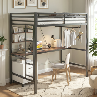 Sunvega Sturdy Twin Loft Bed with Desk and Closet Rod for Bedroom Space Saving