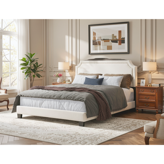 Sunvega Upholstered Platform Bed with Padded Headboard and Nailhead Trim Accents