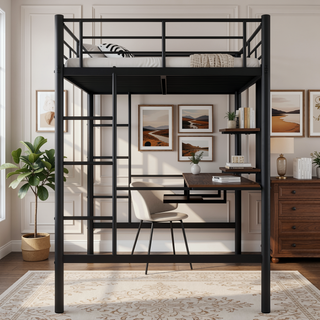 Sunvega Full Loft Bed with Desk and Shelf, Space Saving Design in Black