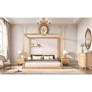 Sunvega White Queen Size Canopy Platform Bed with Support Legs and Sturdy Frame
