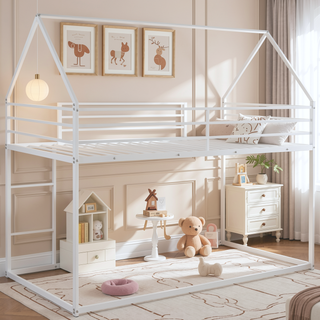 Sunvega Twin over Twin House Bunk Bed with Ladder and Slide in White