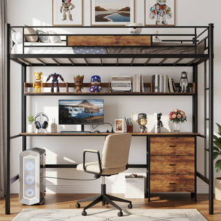 Sunvega Twin Loft Bed with L-Shaped Desk, Charging Station, Fabric Drawers & Safety Guardrail