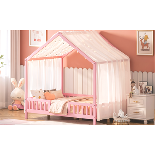 Sunvega Full Size House Bed with Canopy and High Railings for Kids Room