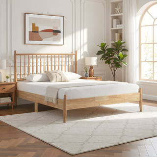 Sunvega Mid-Century Modern Design Full Platform Bed with Vertical Slats Headboard