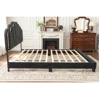 Sunvega Queen Bed with LED Headboard and Scalloped Tufted Upholstery in Charcoal