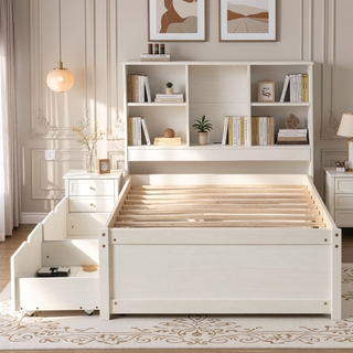 Sunvega Modern Twin Size Bed Frame With USB Port Bookcase Headboard and 2 Drawers