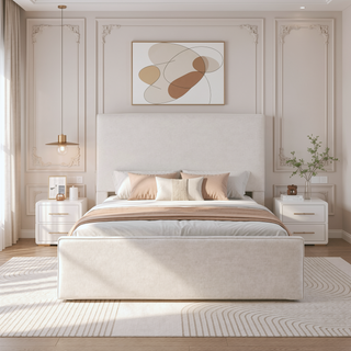 Sunvega Lucas Tall 52" High Upholstered Bed with Textured Ivory Canvas Headboard