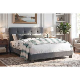 Sunvega Light Brown Velvet Upholstered Queen Platform Bed with Adjustable Height Headboard