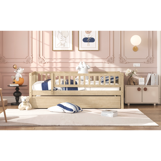 Sunvega Natural Twin Size Wood Daybed with Trundle and Fence Guardrails