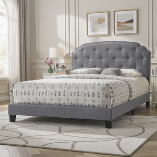Sunvega Grey Upholstered Queen Panel Bed with Arched Headboard and Nailhead Trim