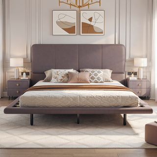 Sunvega Floating Bed Frame with Modern PU Leather Upholstery and Remote LED Lights Queen Size