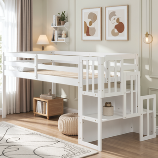 Sunvega Grey Pine Wood Loft Bed with Staircase and Storage Steps
