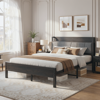Sunvega Full Size Bed Frame with Storage Headboard and Charging Station Outlets