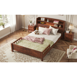 Sunvega Full Pine Wood Bed with Bookcase Headboard and LED Motion Sensor Light