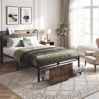 Sunvega Full Size Bed Frame with Storage Headboard and Charging Station Outlets