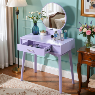Sunvega Gold Modern Wood Vanity Set with Round Mirror and Matching Stool