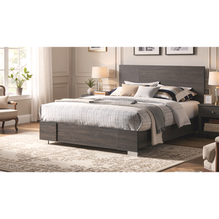 Sunvega Contemporary Grey Finish Queen Size Bed with Clean Lines Headboard
