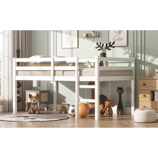Sunvega Espresso Rubber Wood Low Height Loft Bed with Ladder for Bedroom