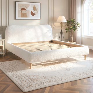 Sunvega King Upholstered Platform Bed with Curved Headboard in Oatmeal Chenille