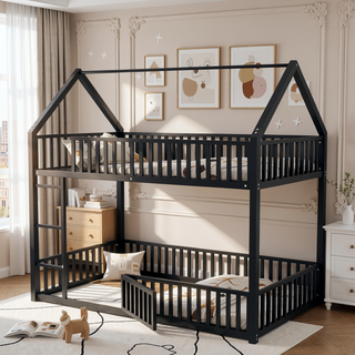Sunvega Sturdy Metal Twin over Twin House Bunk Bed with Fence and Door