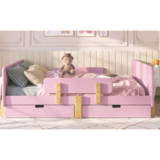 Sunvega Twin Size Solid Wood Platform Bed with Storage Drawers and Guardrail