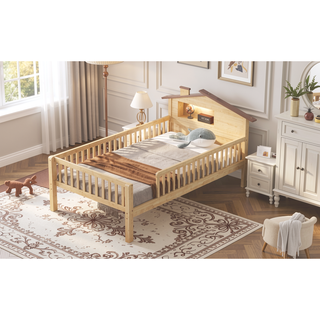 Sunvega Twin Size House Shaped Wood Platform Bed with LED and Built-in Storage