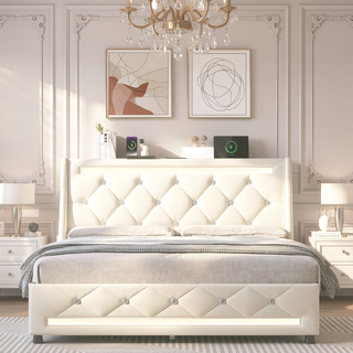 Sunvega Queen Size Bed Frame with Headboard LED Lights Charging Station Storage
