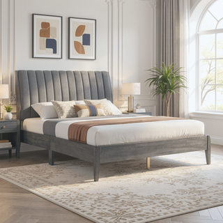 Sunvega Modern Velvet Upholstered Queen Platform Bed with Gray Wood Legs