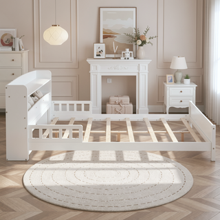 Sunvega Full Pine Wood Bed with Bookcase Headboard and LED Motion Sensor Light