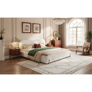 Sunvega King Size Upholstered Bed with Wavy Headboard and Clean Vertical Stitching