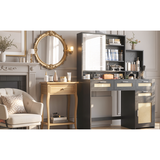 Sunvega Makeup Vanity with 3 Color Lights Openable Mirror 4 Drawers Rattan Dresser