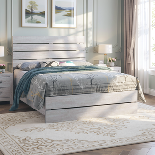 Sunvega Coastal White Eastern King Panel Bed with Slatted Headboard and Footboard