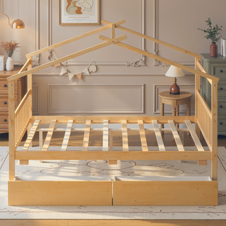 Sunvega Twin Size Wooden House Bed with Drawers and Headboard for Kids Room
