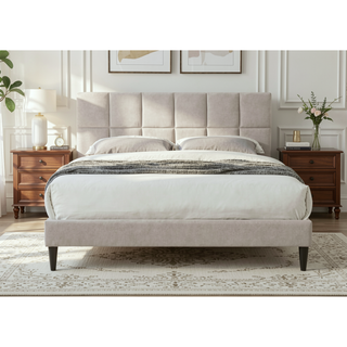 Sunvega Queen Upholstered Pleated Bed in a Box with Sturdy Dark Brown Frame