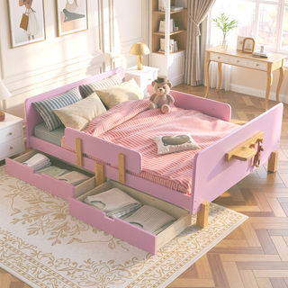 Sunvega Twin Size Solid Wood Platform Bed with Storage Drawers and Guardrail