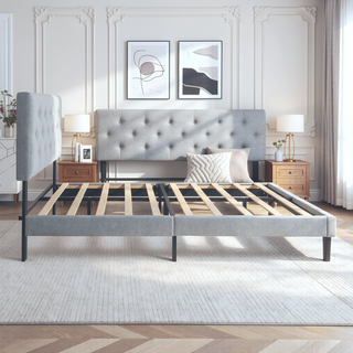 Sunvega Modern Upholstered Platform Bed Frame with Button Tufted Linen Headboard
