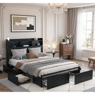 Sunvega Queen Storage Bed Frame with Headboard Charging Station and 4 Drawers