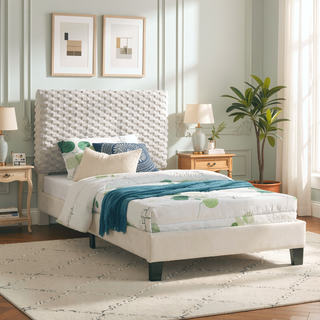 Sunvega Plush 3D Upholstered Platform Bed in White Dove with Height Adjustable Headboard