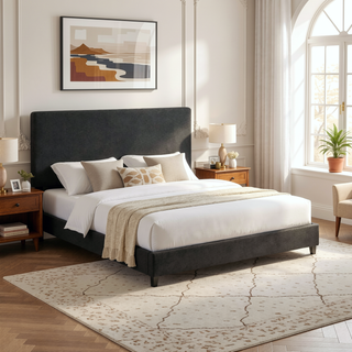 Sunvega King Size Charcoal Grey Upholstered Platform Bed with Padded Headboard