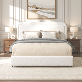 Sunvega Queen Size Ivory Boucle Upholstered Platform Bed with 4 Storage Drawers