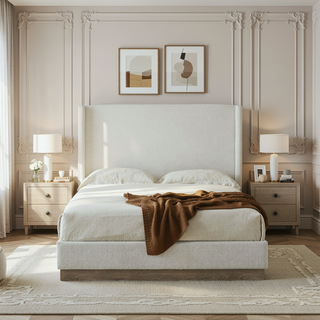 Sunvega Cream White Boucle Upholstered Wingback Bed with Wood Base Platform