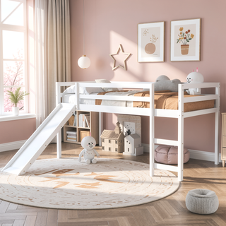Sunvega Twin Size Wood Loft Bed with Slide Ladder and Guard Rails for Safety