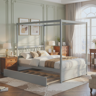 Sunvega Full Size House Canopy Bed Frame with Twin Trundle and Headboard Grey