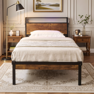 Sunvega Modern Twin Size Metal Platform Bed Frame with Wooden Headboard and USB LINER