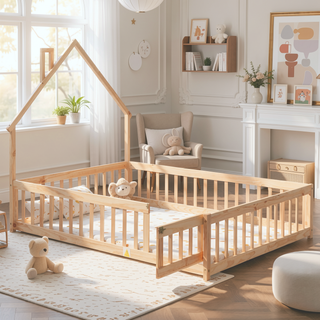 Sunvega Full Size House Shaped Headboard Floor Bed with Safety Fence Guardrails