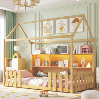 Sunvega Twin House Bed with LED Light Storage Bookshelf Guardrails for Kids Navy Blue