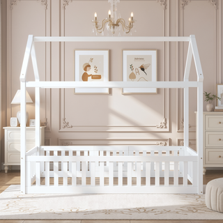 Sunvega Twin Size Wood House Bed with Fence Door and Distressed Washed Design